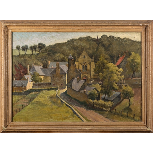 134 - British School (early 20th Century) - two landscapes- Village scene with houses and a procession lea... 