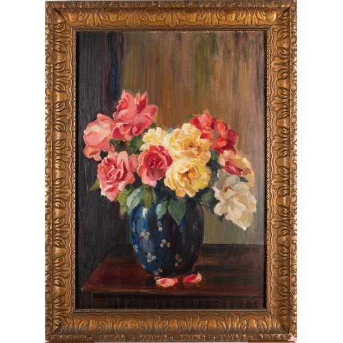 158 - British School, 19th/ 20th Century - six still life pictures- Still life of roses in a blue vase - O... 