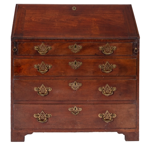 160 - A George III mahogany bureau, circa 1770, the sloping hinged fall enclosing fitted interior with pig... 