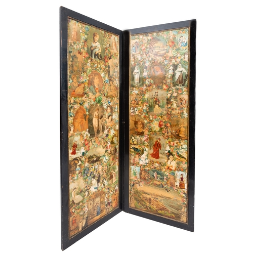 168 - A Victorian two-fold scrapwork screen, depicting various figures and landscapes within meandering fl... 