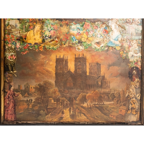 168 - A Victorian two-fold scrapwork screen, depicting various figures and landscapes within meandering fl... 