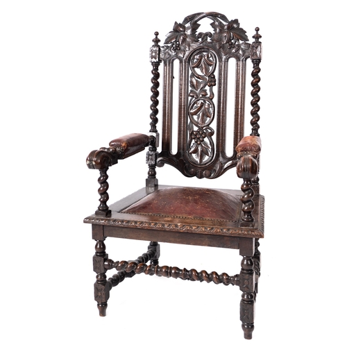 170 - A match pair of Victorian carved oak elbow chairs in Charles II style, late 19th Century, with drop ... 