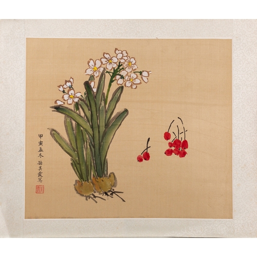 18 - Chinese School, 19th Century - Twelve watercolours on silk of flowers, some with birds and butterfli... 