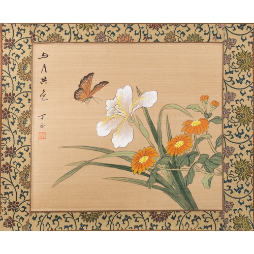 18 - Chinese School, 19th Century - Twelve watercolours on silk of flowers, some with birds and butterfli... 