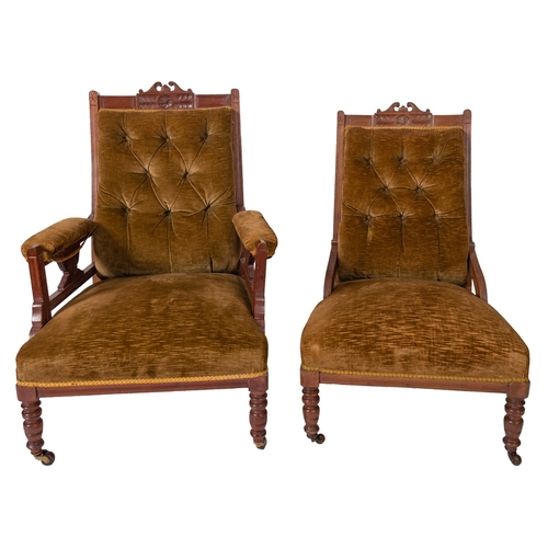 183 - A Victorian Gentleman's mahogany open armchair with matching lady's chair, the upholstered button do... 