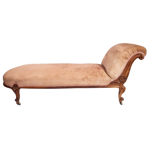 184 - A Victorian carved walnut scroll end  daybed, mid 19th Century	, fully upholstered in dralon velvet,... 