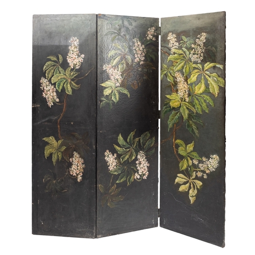 186 - A Victorian painted canvas three-fold room screen, late 19th Century, decorated with flowers, each p... 