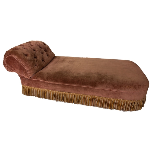 188 - A late Victorian daybed, late 19th Century, fully upholstered in dralon velvet with button down scro... 