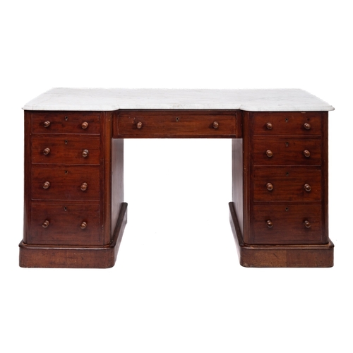 199 - A Victorian  mahogany pedestal wash stand the white marble top of recessed break front outline, fitt... 