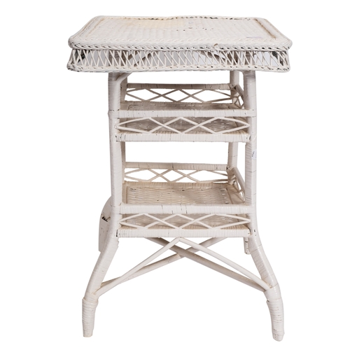 223 - A painted wickerwork three-tier square occasional table, 20th Century, the top 53cm, together with a... 