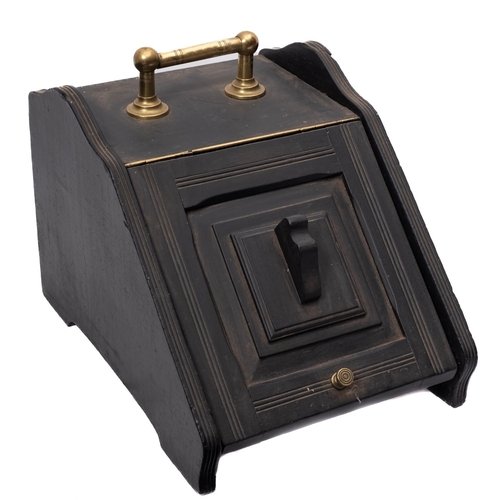 237 - An Edwardian ebonised and brass mounted coal box with sloping hinged fall, 35cm wide, together with ... 