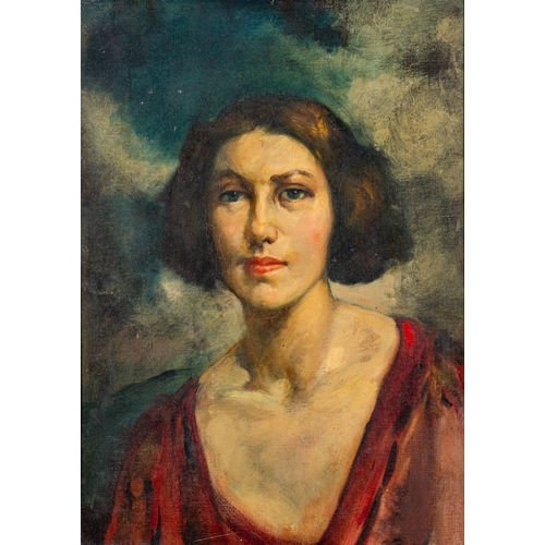 25 - British School (20th Century) - Head and shoulder study of a young woman in a red dress - Oil on boa... 