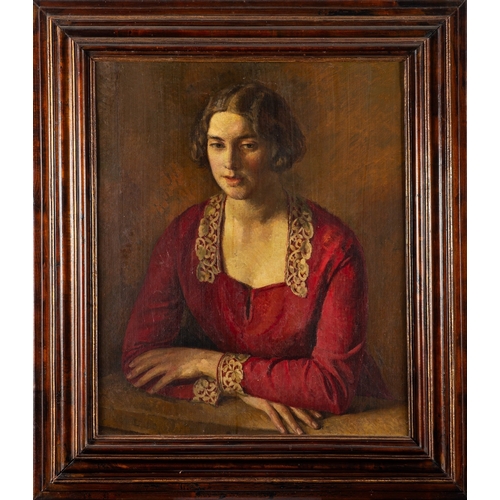 26 - Lionel Ellis (British, 1903 - 1988) - Portrait of a seated woman in a red dress -  Oil on canvas - 7... 