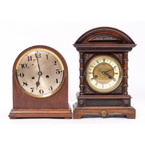 271 - A late Victorian walnut cased fourteen day striking mantel clock, with domed top and circular enamel... 