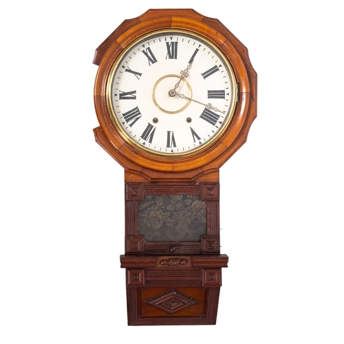 276 - An early 20th century walnut drop-dial wall clock, with Roman numerals to dial and a brass bezel wit... 