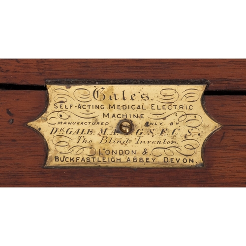 299 - A mahogany box, the hinged top with inset brass plaque inscribed 'Gail's Self-Acting Medical Electri... 