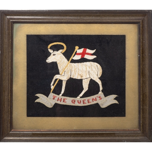 325 - An early 20th century needlework Regimental crest 'The Queen's', 28cm x 34cm, together with another ... 