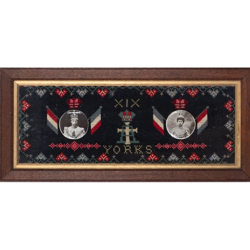 326 - An WWI period needlework commemorative 'in memory of my cruise in China and Japan', decorated with f... 