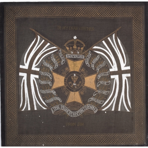 328 - A WWI embroidered regimental crest - Rifle Brigade, 'The Prince Consorts Own', with an inscription '... 