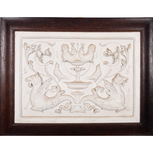 336 - A late Victorian classical relief plaster plaque, depicting a central fountain flanked by sea horses... 