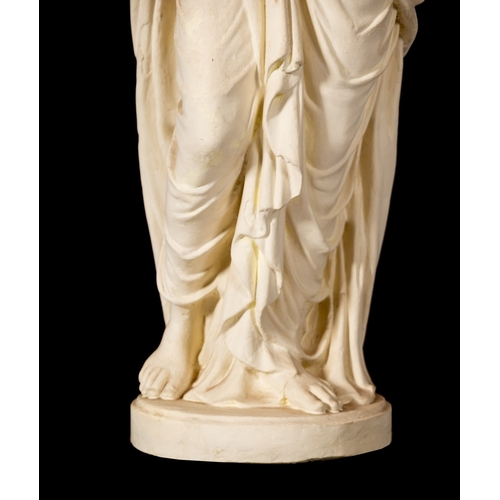 338 - A plaster model of a maiden in Classical style, late 19th/early 20th Century; the standing figure ho... 