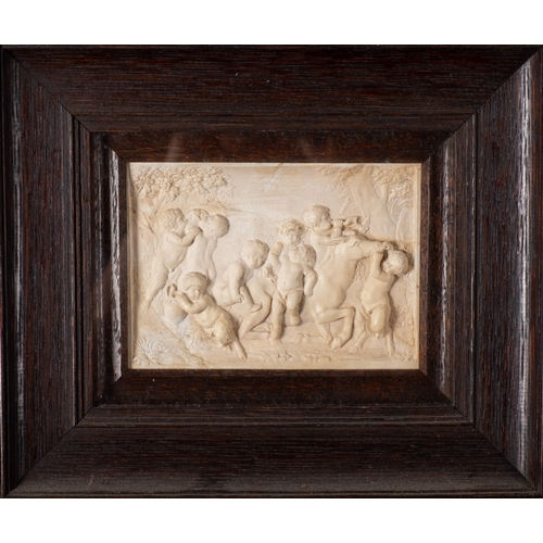 343 - A set of five plaster reliefs of cavorting amorini, late 19th Century, framed and glazed. Subject si... 