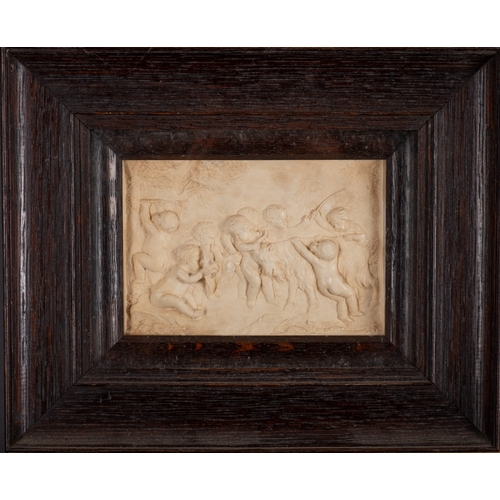 343 - A set of five plaster reliefs of cavorting amorini, late 19th Century, framed and glazed. Subject si... 