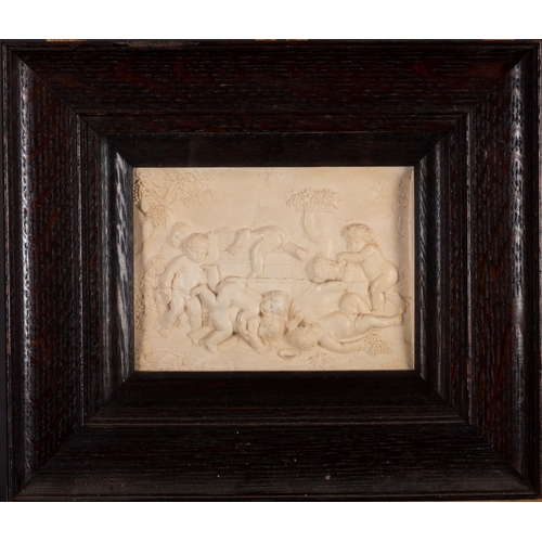 343 - A set of five plaster reliefs of cavorting amorini, late 19th Century, framed and glazed. Subject si... 