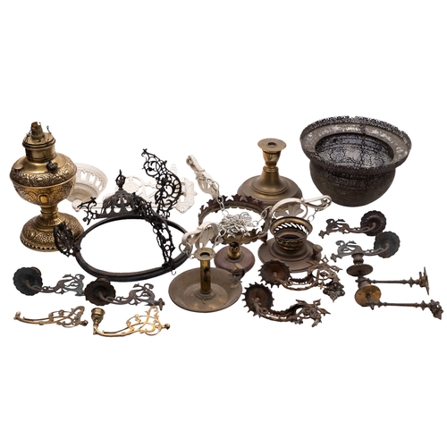 346 - A quantity of assorted brass domestic lighting, mostly 19th century; including an urn form table lam... 