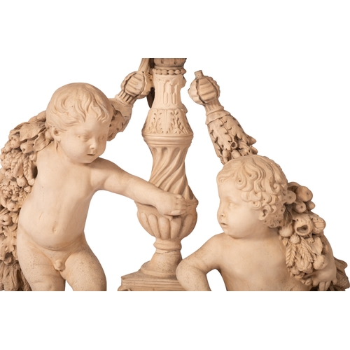 351 - A pair of plaster groups of cavorting putti fitted as table lamps, 20th Century, the central Italian... 