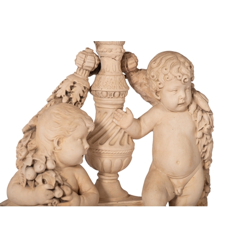 351 - A pair of plaster groups of cavorting putti fitted as table lamps, 20th Century, the central Italian... 