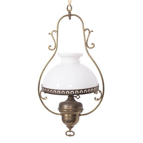 368 - Three late Victorian/ Edwardian brass circular hanging oil lamps, with white opaque glass shades, sh... 