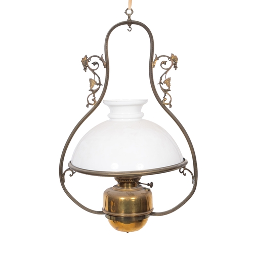 368 - Three late Victorian/ Edwardian brass circular hanging oil lamps, with white opaque glass shades, sh... 