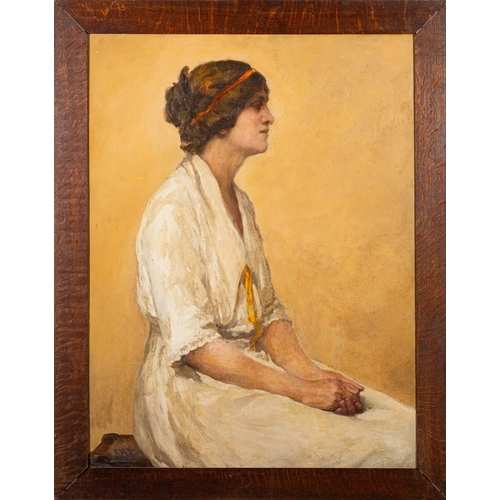 38 - British School (20th Century) - Portrait of a lady in a white dress, seated - Oil on board - 90.5 x ... 