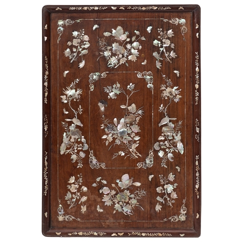 397 - A Chinese hardwood and  mother of pearl inlaid rectangular tray, circa 1900, decorated with birds an... 