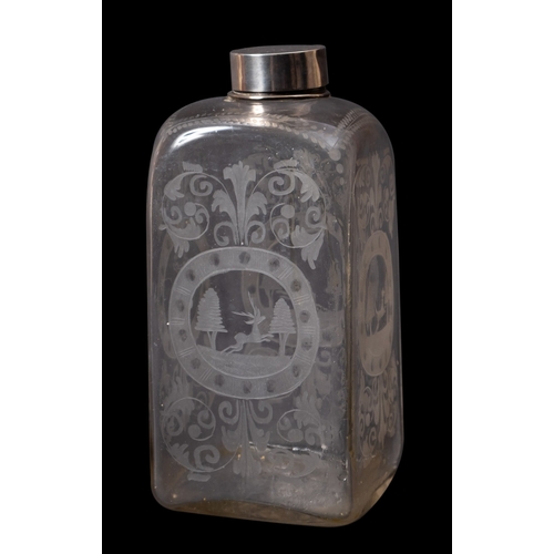 402 - A 19th century Dutch white metal topped copper wheel engraved spirit bottle.