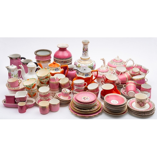 429 - A collection of 19th century and later tea wares, predominately in pink and orange glazes.