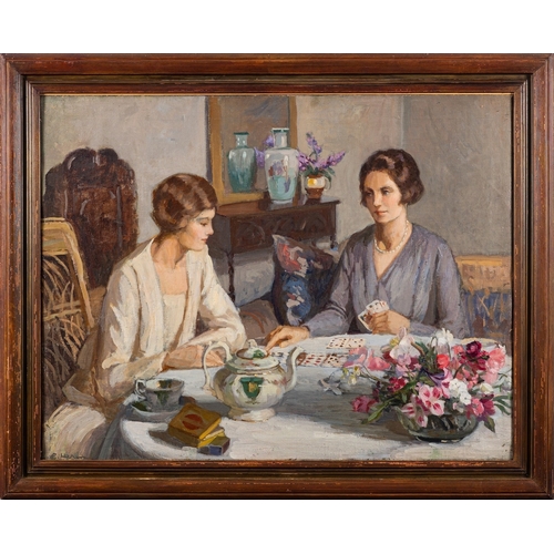 49 - British School (circa 1920s/ 1930s) - Afternoon tea and cards - Oil on canvas - 70 x 91cm - Signed E... 