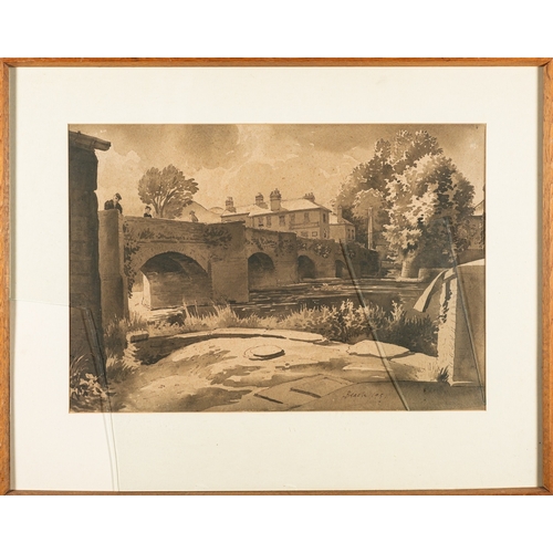 60 - British School, 20th Century - Landscape with a bridge over a river - Pen and ink wash drawing -  38... 