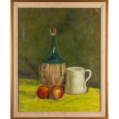 70 - British School, early 20th Century - three still life paintings- Table still life of apples, glass b... 