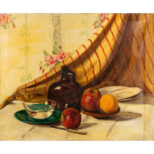 70 - British School, early 20th Century - three still life paintings- Table still life of apples, glass b... 