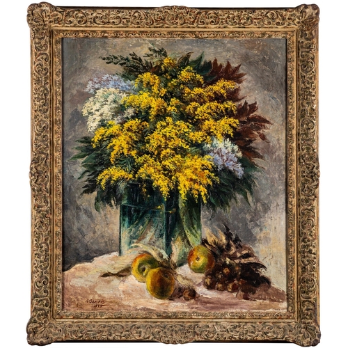 90 - Nadia Benois (English/Russian, 1896-1975) - Still life of Mimosa and other flowers in a glass vase w... 