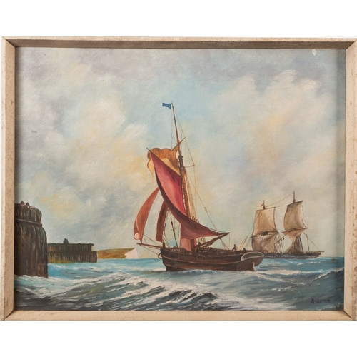110 - British School, 19th Century  Ships off the coast Two oils on canvas Each 39.5 x 50cm Each signed 'R... 