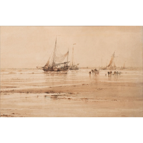 113 - Albert Ernest Markes (British, 1865-1901) Fishing boats at low tide Fishing boat at sea with steamer... 