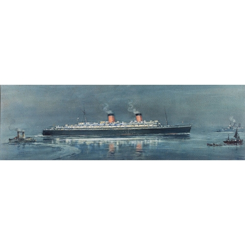 117 - Frank Watson Wood (British, 1862-1953) - The Cunarder RMS Queen Elizabeth at night, in the early pos... 