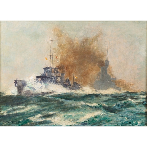123 - Oscar Parkes (British, 1885-1958) - A Destroyer's work is never done - Oil on board - 24 x 34cm - Si... 