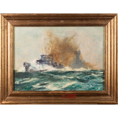 123 - Oscar Parkes (British, 1885-1958) - A Destroyer's work is never done - Oil on board - 24 x 34cm - Si... 