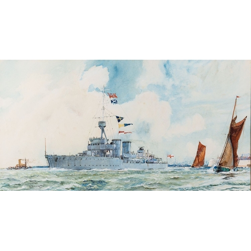 124 - J.H.Batchelor (British, 1936-2019) - H.M.S. Champion leaving Portsmouth - Watercolour - 25 x 47.5cm ... 