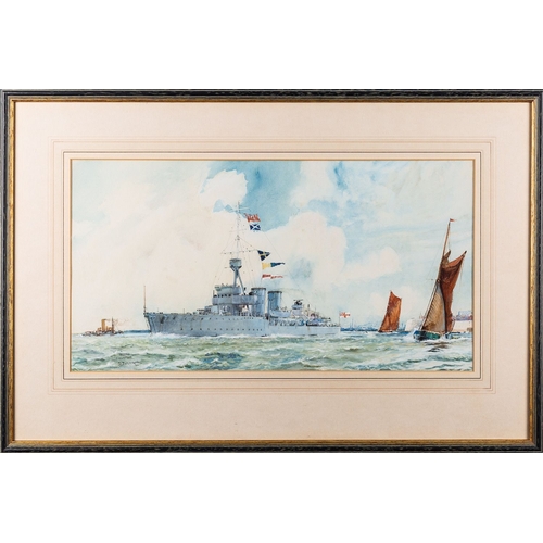 124 - J.H.Batchelor (British, 1936-2019) - H.M.S. Champion leaving Portsmouth - Watercolour - 25 x 47.5cm ... 