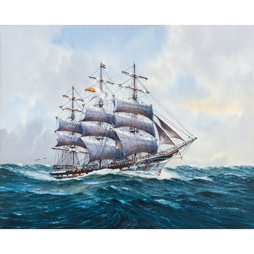 129 - George P. Wiseman (Scottish 1906 - 1986) - A three-master clipper on choppy seas - Gouache and water... 